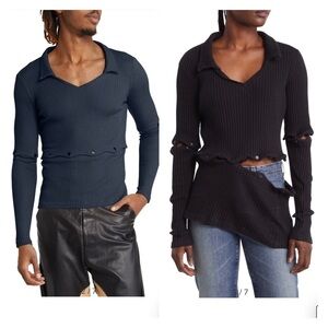 HEAD OF STATE Ade Convertible Ribbed Cutout Polo Top Navy Blue Size XL NWT